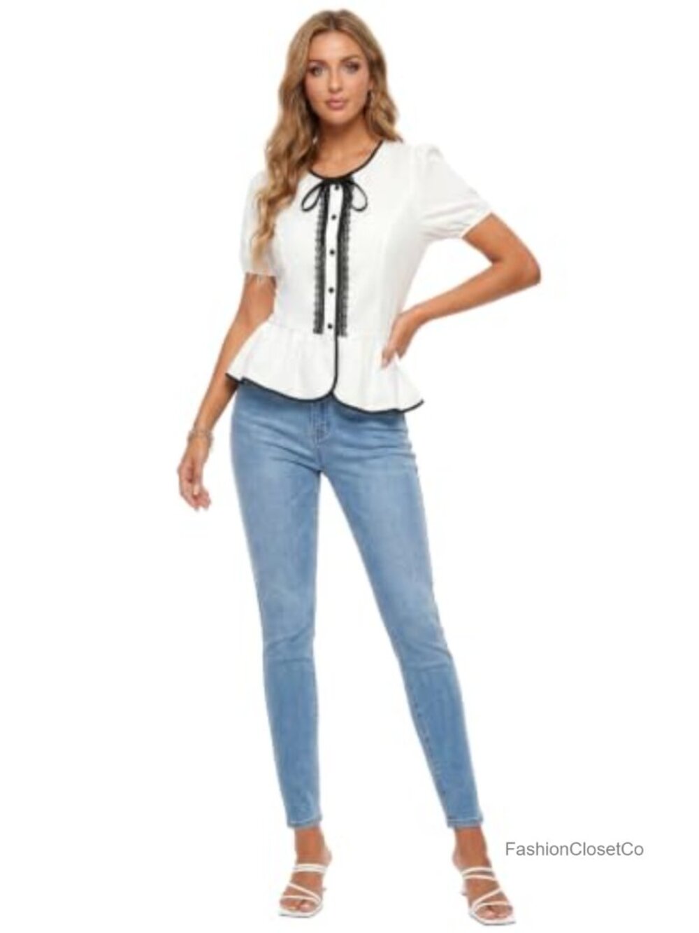 Women's Puff Sleeve Lace Trim Peplum Blouse Button Up - Picture 5 of 6